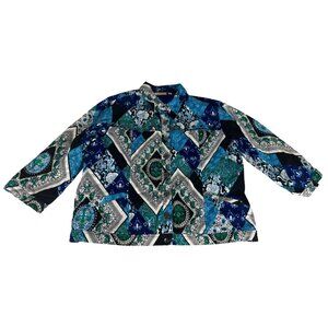 Choices Sequins Scarf Print Button Up Shirt Top Women's L Blue Green 3/4 Sleeve